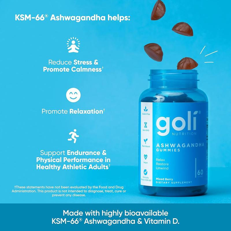 Goli Ashwagandha et Vitamin D Gummy Bears-Berle Mix, KSM-66, végétalien, légumes, génie génétique sans gluten et sans gélatine.