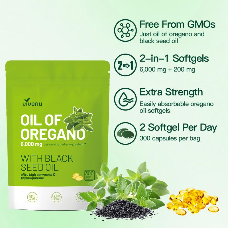 Huile d'origan avec de l'huile de cumin noir (300 capsules) | Antioxydants naturels | Support nutritif | Suppléments alimentaires végétaux très efficaces