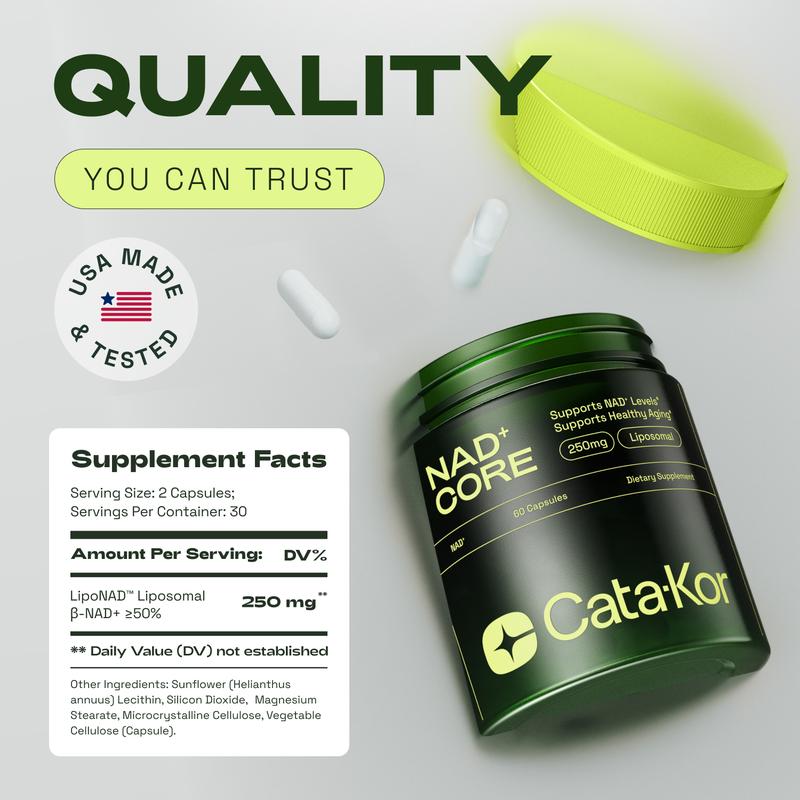 Cata-kor 250 mg-nad + suppléments nutritionnels pour soutenir le vieillissement cutané, pour plus d'énergie et de concentration - 60 pièces-vitamine et des suppléments nutritionnels du bien-être, comestibles