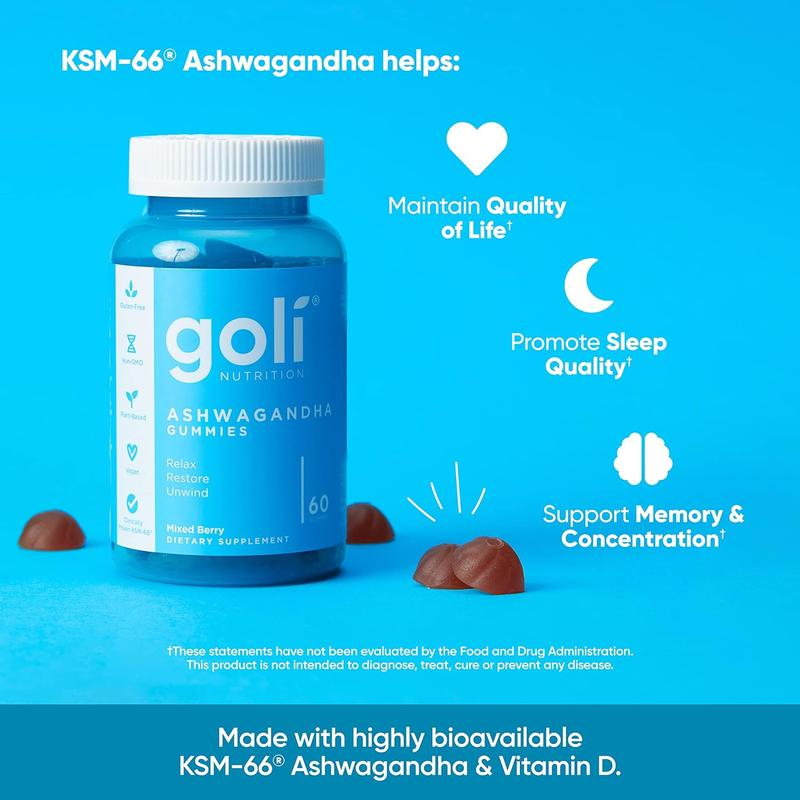 Goli Ashwagandha et Vitamin D Gummy Bears-Berle Mix, KSM-66, végétalien, légumes, génie génétique sans gluten et sans gélatine.