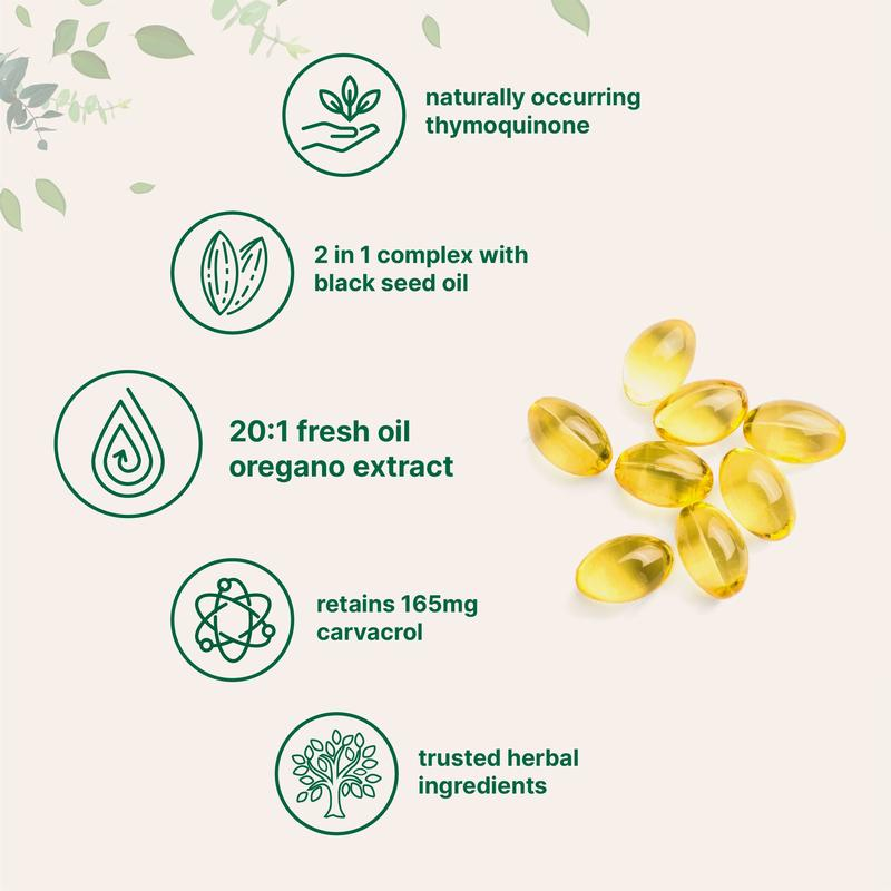 Micro ingrédients: huile d'origan avec huile de cumin noir, 300 capsules souples