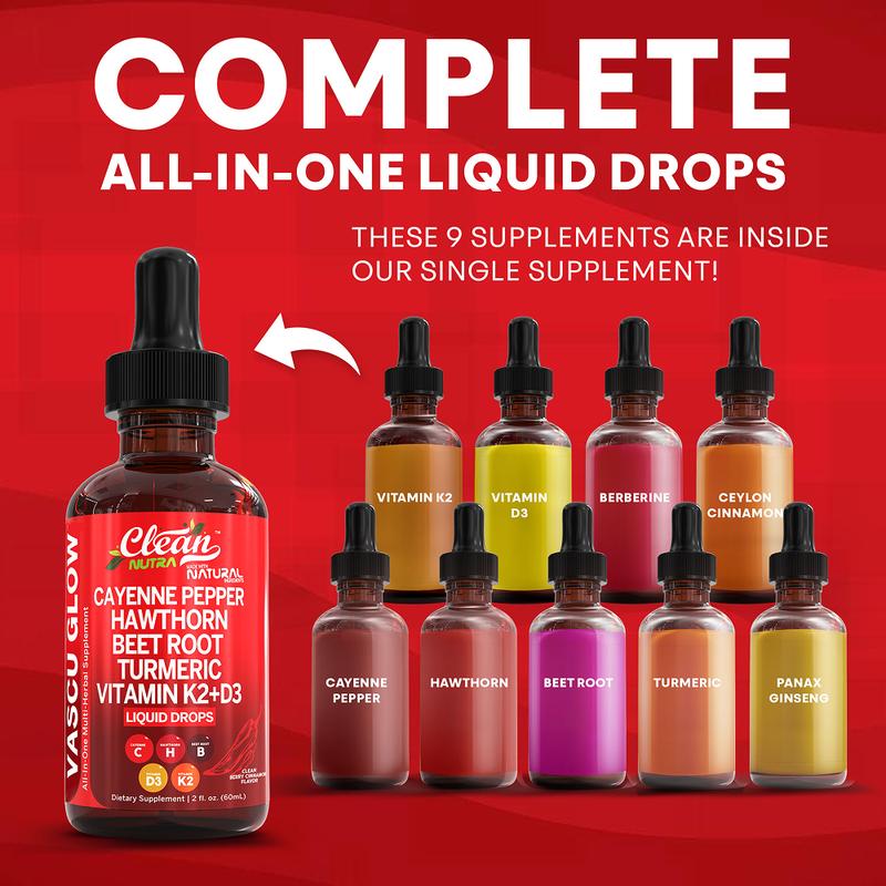 Suppléments nutritionnels de poivre de Cayenne, gouttes liquides + baies d'aubépine, vitamine D3 et K2, poudre de racine de lit rouge biologique, cannelle de Ceylan, curcume de curcumine, Panax Ginseng