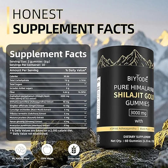 Shilajit Gummies: Pure Shilajit Himalayan Rich in Ashwagandha Gaulshura Fulvic Acid 85 Micronutrients Suitable for Men and Women No Added Sugar Non-GMO 100% Natural Organic 60 Gummies