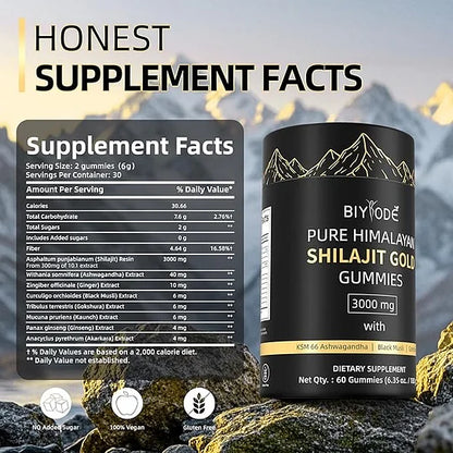 Shilajit Gummies: Pure Shilajit Himalayan Rich in Ashwagandha Gaulshura Fulvic Acid 85 Micronutrients Suitable for Men and Women No Added Sugar Non-GMO 100% Natural Organic 60 Gummies