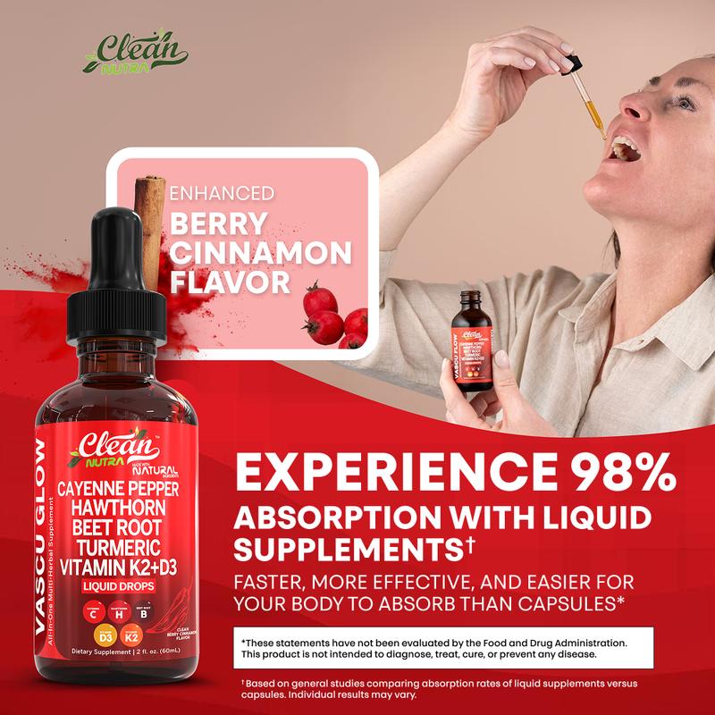 Suppléments nutritionnels de poivre de Cayenne, gouttes liquides + baies d'aubépine, vitamine D3 et K2, poudre de racine de lit rouge biologique, cannelle de Ceylan, curcume de curcumine, Panax Ginseng