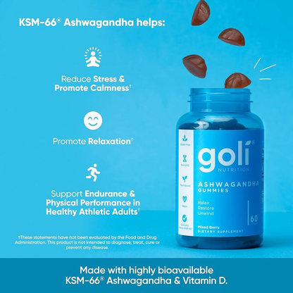 Goli Ashwagandha a vitamin D gumová medvědí-Berry Mix, KSM-66, vegan, zeleninová, genetické inženýrství, bezlepkové a bez želatinu.
