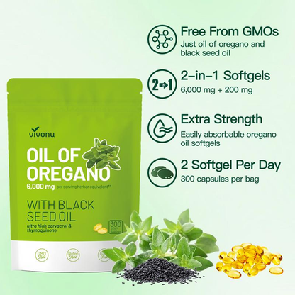 Huile d'origan avec de l'huile de cumin noir (300 capsules) | Antioxydants naturels | Support nutritif | Suppléments alimentaires végétaux très efficaces