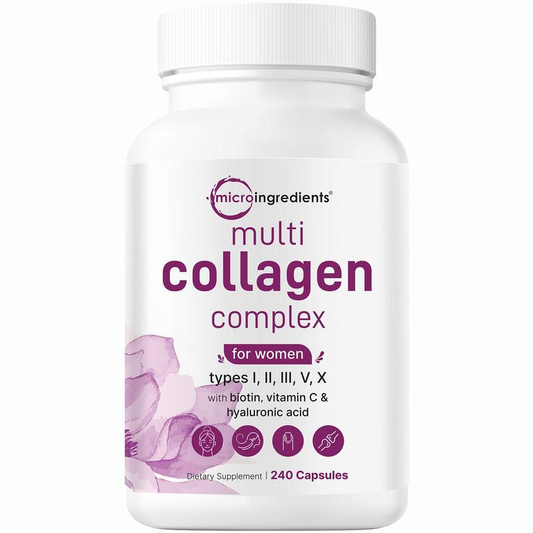 Micro Ingrédients: complexe multi-collations, 240 capsules | Type I, II, III, V, X avec acide hyaluronique, biotine, vitamine C | Peptides protéiques hydrolysés