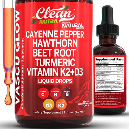 Suppléments nutritionnels de poivre de Cayenne, gouttes liquides + baies d'aubépine, vitamine D3 et K2, poudre de racine de lit rouge biologique, cannelle de Ceylan, curcume de curcumine, Panax Ginseng