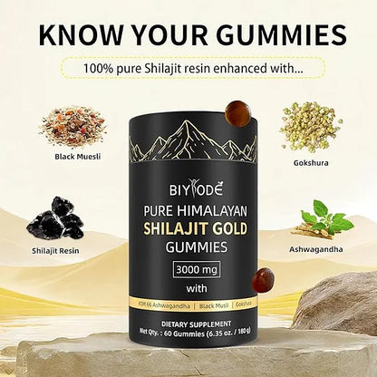 Shilajit Gummies: Pure Shilajit Himalayan Rich in Ashwagandha Gaulshura Fulvic Acid 85 Micronutrients Suitable for Men and Women No Added Sugar Non-GMO 100% Natural Organic 60 Gummies